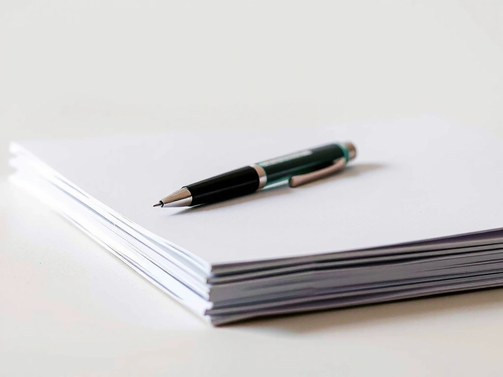 Documento stampato e penna su superficie bianca